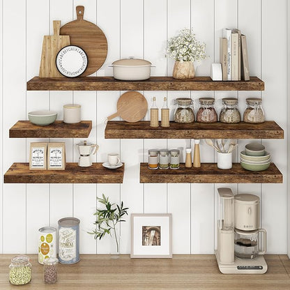 Deep Floating Shelves - 16" W x 9.3" D x 1.6" H Rustic Brown Wall Shelf - Wall Mounted Shelves for Decor & Storage - Wooden Shelves with Invisible Brackets for Living Room, Kitchen - Set of 2