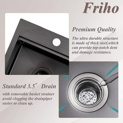 Friho Drop in Black Bar Sink, 15 x 15 Inch Stainless Steel Single Bowl Topmount Kitchen Sink, Handmade Bar Prep Sink,Outdoor Rv Single Bowl Kitchen Bar Sink with Cutting Board