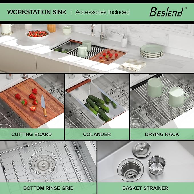 33 Undermount Kitchen Sink - 33x19 Double Bowl Kitchen Sinks Workstation 16 Gauge Stainless Steel Sink Low Divide Double Basin 60/40