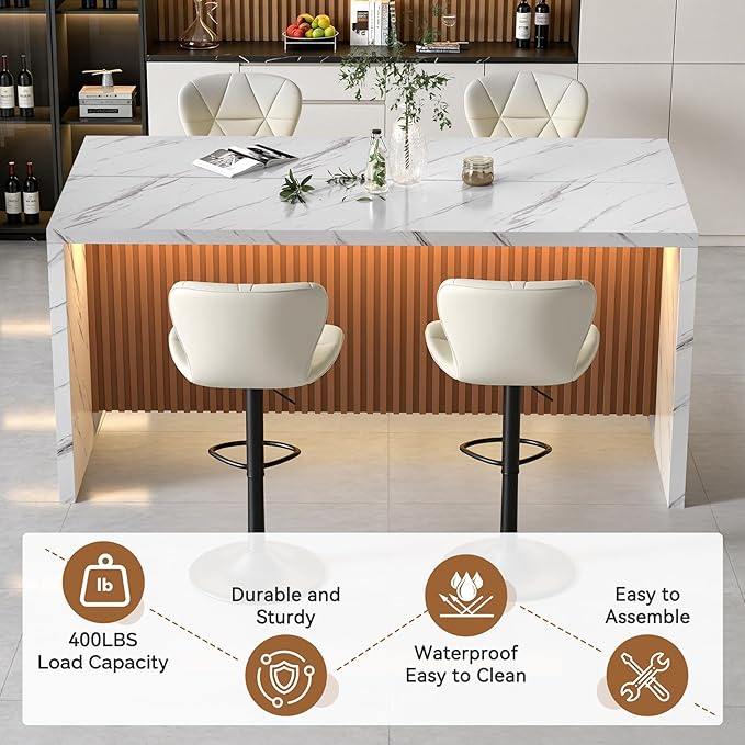 67" Kitchen Island Table Set with 4 Bar Stools, Faux Marble Top Island Table, Counter Height Dining Table Set for Kitchen & Dining Room