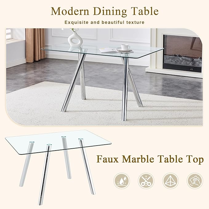 51.2'' Modern Glass Dining Table for 4-6, Rectangular Dining Room Table with Silver Metal Legs, Clear Tempered Glass Top Dining Table for 4, Space-Saving Dinner Kitchen Table for 4, 400lbs Load