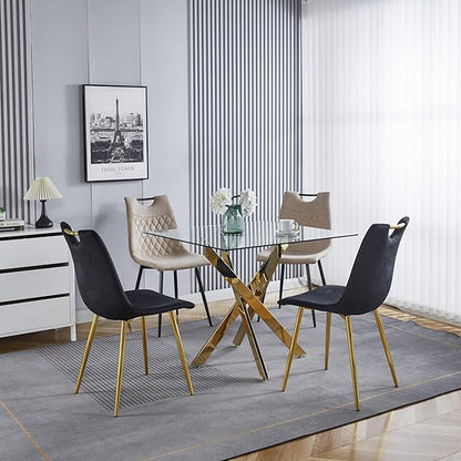 36" Square Dining Table for 2 3 4 People, Modern Dining Table with Gold Chrome Metal X-Shaped Legs, Small Glass Kitchen Tables Family Dinner Tables for Home Office Living Room