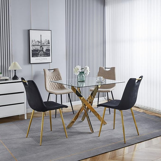 36" Square Dining Table for 2 3 4 People, Modern Dining Table with Gold Chrome Metal X-Shaped Legs, Small Glass Kitchen Tables Family Dinner Tables for Home Office Living Room