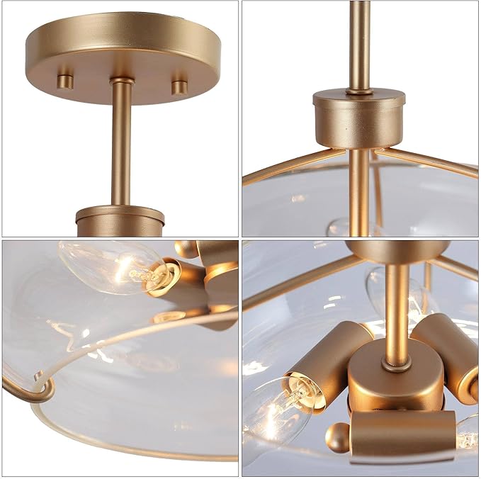 LALUZ Modern Gold Semi Flush Mount Ceiling Light, 2-Light Clear Glass Ceiling Light Fixture, 12" Flush Mount for Bedroom, Kitchen, Hallway, Entryway
