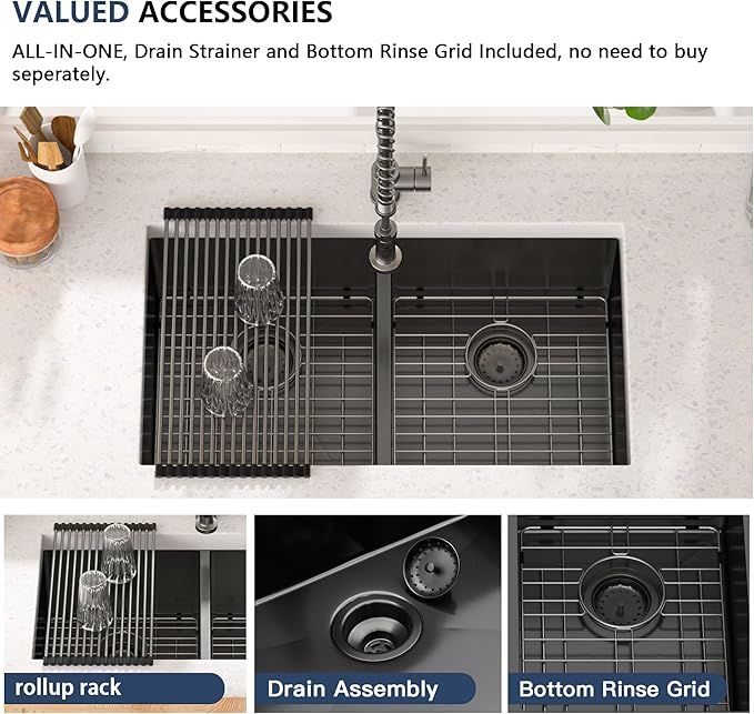 Lordear Double Bowl Black Kitchen Sink 16 Gauge Stainless Steel Undermount Kitchen Sinks Matte Gunmetal Black 50/50 Round Corner Sink 33x19x10 Inch
