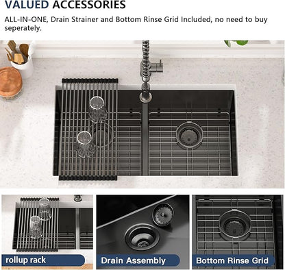 Lordear Double Bowl Black Kitchen Sink 16 Gauge Stainless Steel Undermount Kitchen Sinks Matte Gunmetal Black 50/50 Round Corner Sink 33x19x10 Inch