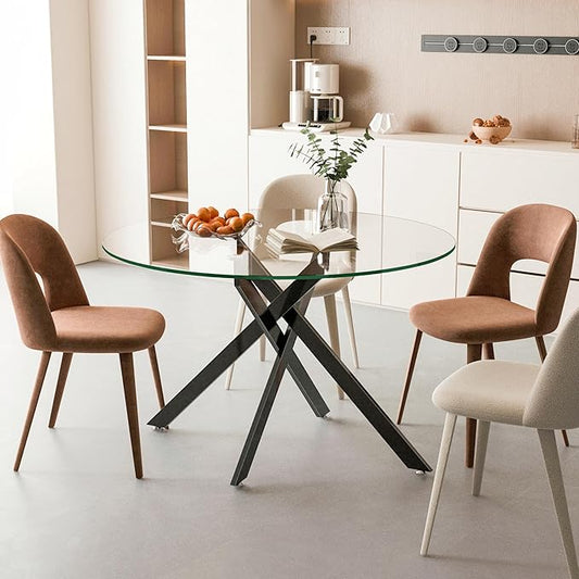 SSLine 47.2" Round Glass Dining Table for 4-6 Modern Circle Glass Tabletop Kitchen Table for 6 Luxury Dining Room Tables with Black Nest-Shape Metal Base for Home Kitchen Dining Room