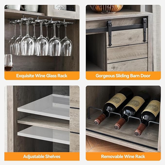 IDEALHOUSE 70'' Wine Coffee Bar Cabinet with Storage Hutch, Tall Kitchen Pantry Liquor Cabinet with Sliding Barn Doors, Bottle Glasses Rack, Farmhouse Buffet for Home Dining Room, Gray