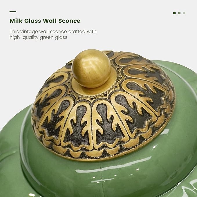 Vintage Milk Green Glass Wall Sconce - Milk Glass Shade Antique Brass Indoor Wall Light for Bedroom, Living Room, and Hallway