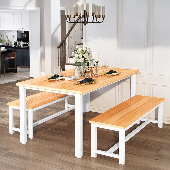 Lamerge Dining Room Table Set with 2 Benches, Dining Table Set for 4-6, Kitchen Table Set for Home Kitchen, Dining Room, Restaurant, Space Saving, Rustic, 3 Pieces Dining Furniture Set (04-Beige)