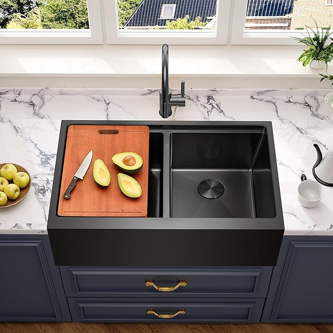 MILOSEN 36 Inch Black Farmhouse Kitchen Sink, 36''x22'' Drop-in Stainless Steel Workstation Apron Front Sink with Ledge & Accessories, 50/50 Double Bowl Farm Sinks, 10'' Large and Deep Handmade Sinks