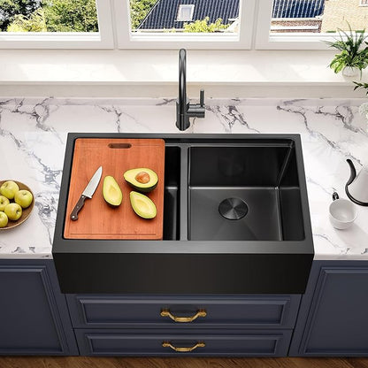 MILOSEN 36 Inch Black Farmhouse Kitchen Sink, 36''x22'' Drop-in Stainless Steel Workstation Apron Front Sink with Ledge & Accessories, 50/50 Double Bowl Farm Sinks, 10'' Large and Deep Handmade Sinks