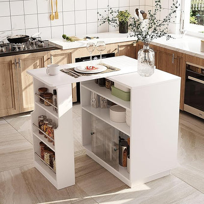 Modern Counter Height Dining Table,Extendable Kitchen Island & Buffet with Acrylic Sliding Doors,Pegboard,Half-Open Storage Shelves,Aluminum Alloy Handles (White-MC)