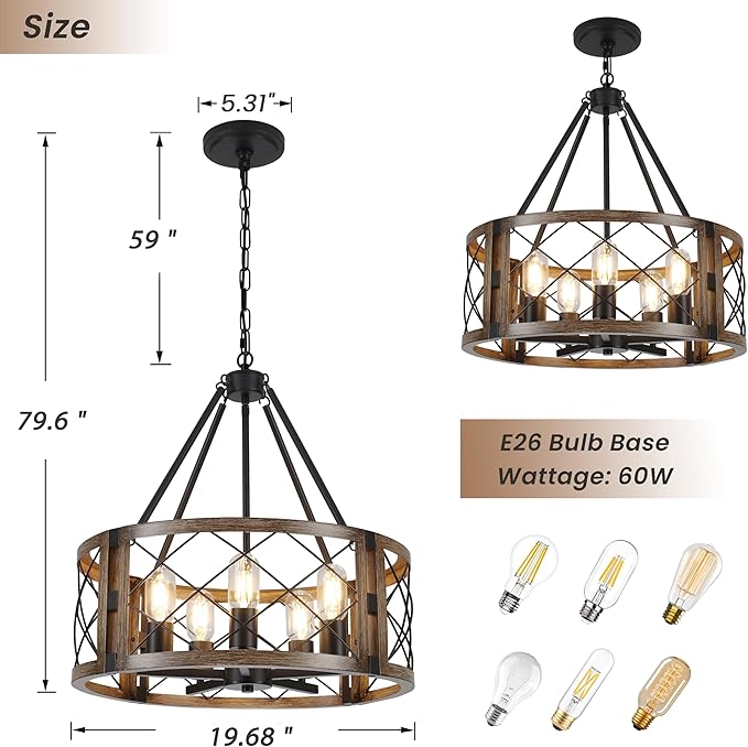 Farmhouse Chandelier, 19.8 inch 5-Light Black Dining Room Lighting Fixtures Rustic Adjustable Hanging Pendant Lighting for Kitchen Island Entryway Foyer Bedroom Hallway
