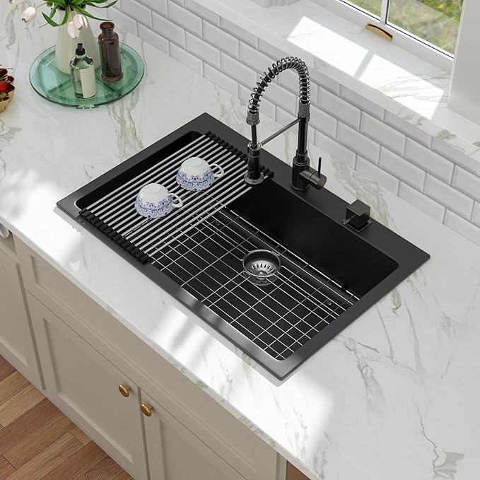 Kichae 33 Granite Composite Kitchen Sink - 33"x22" Grainte Kitchen Sink Drop In Topmount Quartz Sink Black Deep Single Bowl Basin