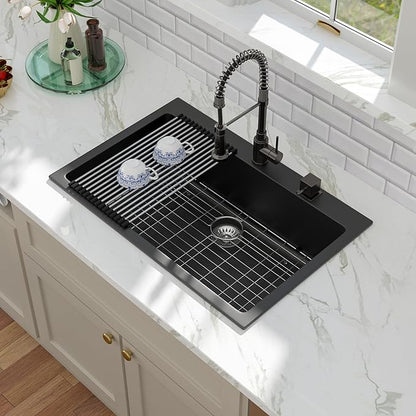 Kichae 33 Granite Composite Kitchen Sink - 33"x22" Grainte Kitchen Sink Drop In Topmount Quartz Sink Black Deep Single Bowl Basin