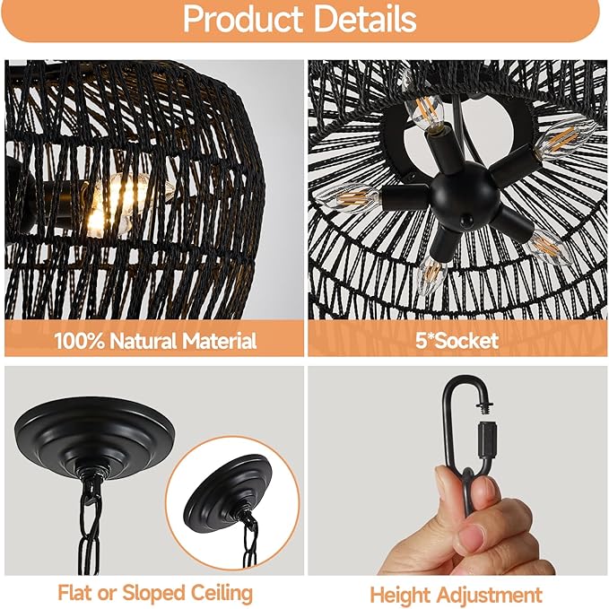 Kitchen Island Light Fixtures, 5-Light Rustic Ceiling Fixture with Twine Making Lampshade, Adjustable Height Boho Light Fixture, Vintage Pendant Lighting for Kitchen, Bedroom (Balck)