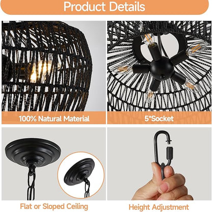 Kitchen Island Light Fixtures, 5-Light Rustic Ceiling Fixture with Twine Making Lampshade, Adjustable Height Boho Light Fixture, Vintage Pendant Lighting for Kitchen, Bedroom (Balck)