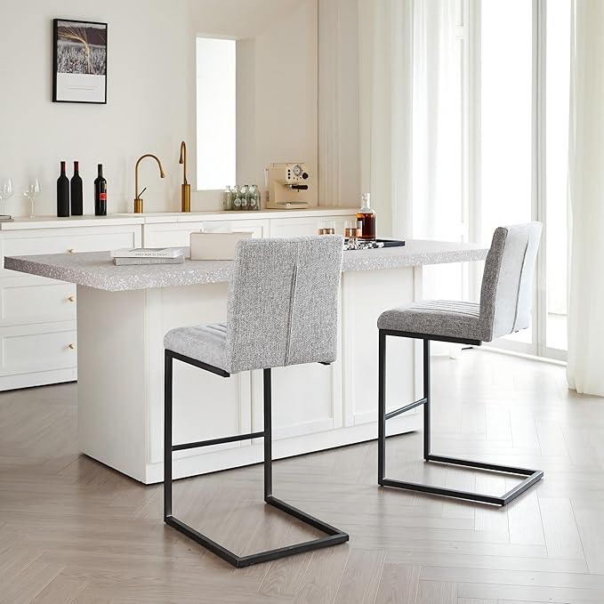 26" Counter Height Bar Stools Set of 2, Modern Upholstered Chairs with Vertical Tufted Backrest & Footrest, Metal Frame for Kitchen Island, Home Bar (Light Gray Knitted)
