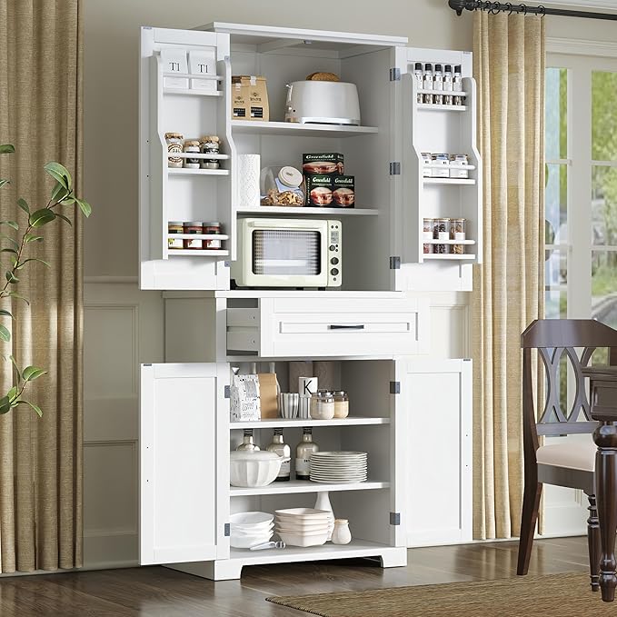 Storage Pantry Cabinet with Door and Shelf Organizer, Kitchen Cupboard for Entryway, Living Room or Bathroom, Adjustable Shelves, White