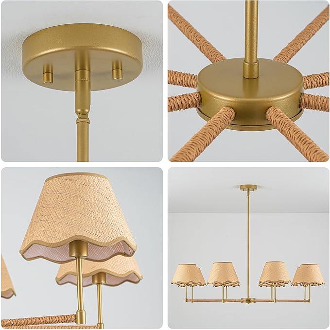 MAYNA 42” Large Rattan Chandelier, 8-Light Rustic Farmhouse Pendant Light with Wicker Lamp Shades, Modern Dining Room Chandelier, Adjustable Brass Chandelier for Kitchen Island, Dining Room