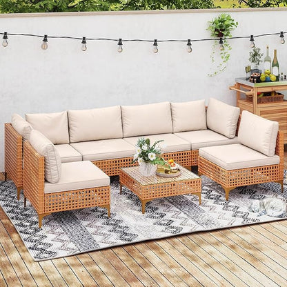 DWVO 7 Pieces Patio Furniture Set, PE Rattan Wicker Patio Conversation Set for Patio Backyard Poolside Porch, Outdoor Sectional Sofa with Coffee Table & Cushions