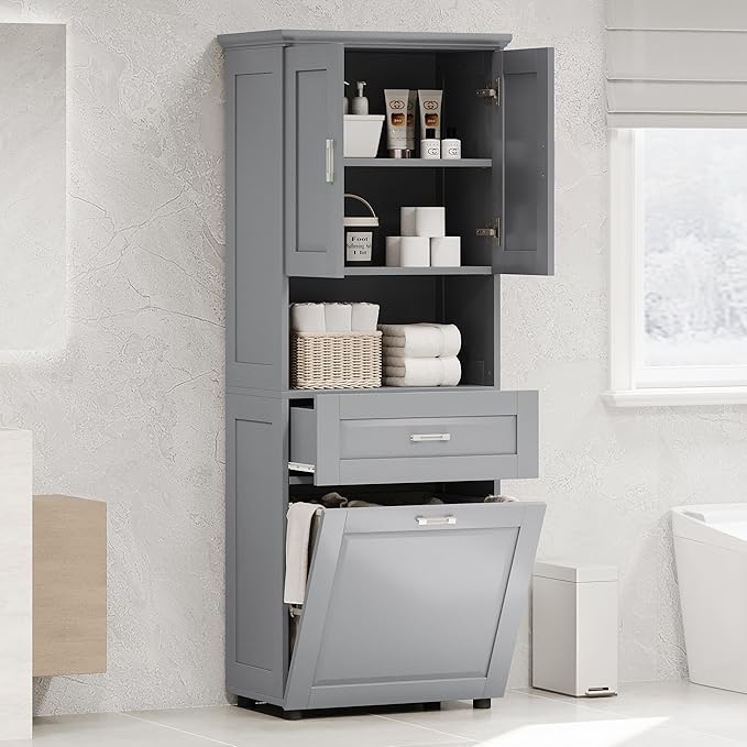 Merax 70" Tall Storage Cabinet with Laundry Hamper, 1 Drawer and Adjustable Shelf, Freestanding for Bathroom, Grey