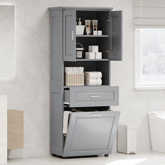 Merax 70" Tall Storage Cabinet with Laundry Hamper, 1 Drawer and Adjustable Shelf, Freestanding for Bathroom, Grey