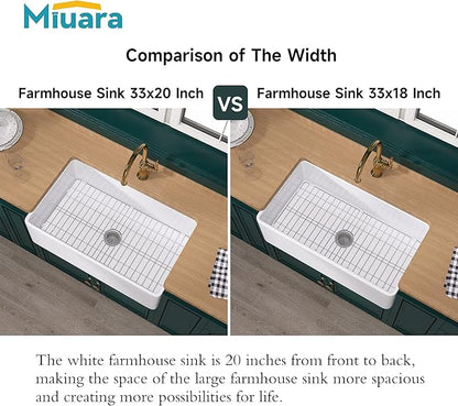 Miuara Farmhouse Sink 33 Inch - White Apron Front Kitchen Sink Reversible 33"x20"x10", Undermount, Farm House Style Large Deep Single Bowl, Heavy Duty Solid Fireclay, Glossy White, for Kitchen