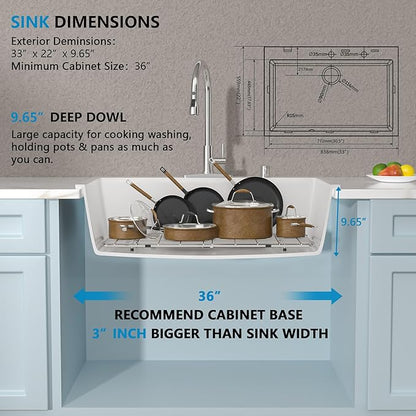 33"×22" Granite Composite Kitchen Sink - Drop-In Top Mount White Granite Quartz Classic Above Counter Single Bowl Sink Basin