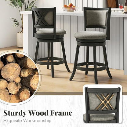 Giantex Swivel Counter Height Bar Stools Set of 2, 26.5" Upholstered Vintage Barstools w/Back, Linen Seat, Footrest, Farmhouse Wooden Counter Height Chairs for Kitchen Island Dining Room, Grey