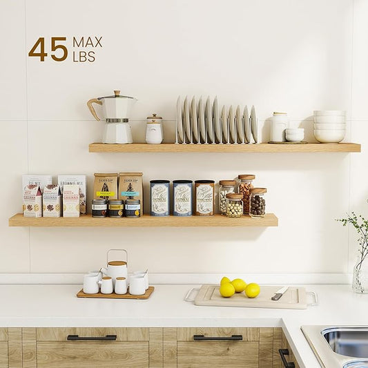 Dreamland 48Inch Floating Shelves for Wall, Rustic Wooden Storage Shelf for Living Room, Kitchen, Farmhouse, Wall Mounted Display Shelving with Invisible Heavy-Duty Metal Bracket, Set of 2 - Oak