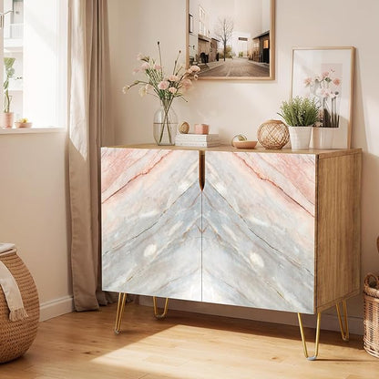 SIGNWIN Sideboard Buffet Cabinet, Kitchen Storage Cabinet with 2 Doors, Red & Gray Granite Marble Pattern, Cupboard Console Table for Dining Room - 35" L x 18" W x 29" H