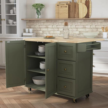 Homestyles Mobile Kitchen Island Cart with Wood Top and Dropleaf Breakfast Bar, 18" D x 53.5" W x 36" H, Green