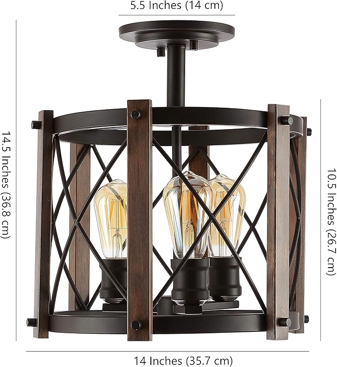 JONATHAN Y 14" Oil Rubbed Bronze/Brown 3-Light Iron Flush Mount, Rustic Farmhouse Diamond-Patterned Basket Ceiling Light for Kitchen Hallway, UL Listed, LED Bulbs Included JYL7502A