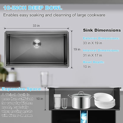 33 Inch Single Bowl Drop In Kitchen Sink, Stainless Steel Kitchen Sink Large Farmhouse Workstation Sinks with Faucet, Single Bowl Topmount Sink, Gunmetal Black