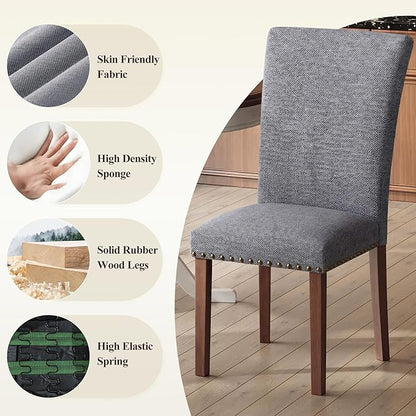 COLAMY Upholstered Parsons Dining Chairs Set of 4, Fabric Dining Room Kitchen Side Chair with Nailhead Trim and Wood Legs - Dark Grey