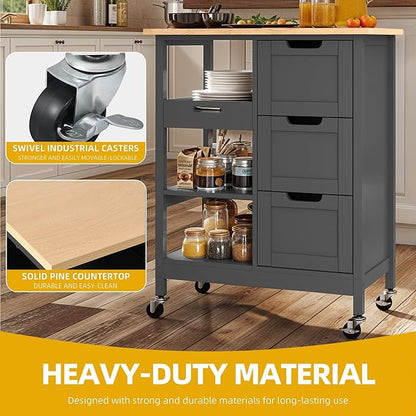 DWVO Solid Wood Top Rolling Kitchen Island Cart, 3 Tier Mobile Kitchen Storage Island Cart with 3 Drawers and 3 Opening Storage Shelves for Kitchen & Dining Area, Gray