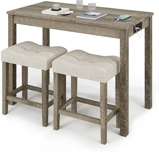 allamazing 3-Piece Counter Height Bar Table Set with Socket and 2 Fabric Padded Bar Stools, Tall Kitchen Breakfast Dining Table Set with Stools (1+2 Natural)