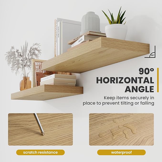 Acovy 72 Inch Floating Shelves, 9.3" Deep Floating Shelf Wall Mounted, 72" Wall Shelves, Rustic Deep Bookshelf, Large Display Shelves & Storage Shelves for Bedroom, Living Room, Oak, Set of 2