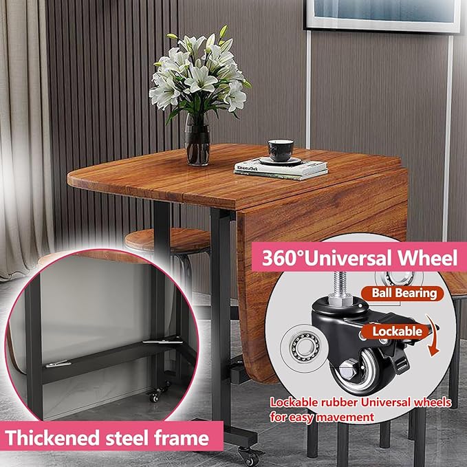 Solid Wooden Foldable Kitchen Table with 6 Wheels, Multifunction Expandable Folding Table for Small Spaces Kitchen, Bedroom, Living Room, Space Saving Folding Dining Table, Brown，White, Natural(White,