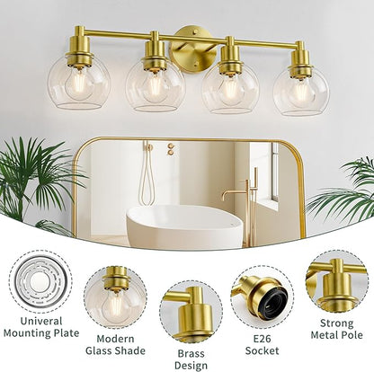 Espird 4 Light Bathroom Light Fixtures, Brushed Brass Bathroom Vanity Lights, Modern Vanity Lights 4-Light Globe Bathroom Vanity Lighting Fixture Over Mirror