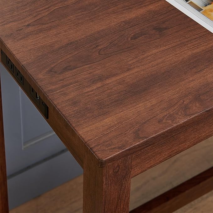 KEIKI 4-Piece Bar Table Set with Charging Station, 59" Industrial Kitchen Table with 3 Upholstered Stools, USB/Type-C/AC Outlets, Solid Wood Frame for Dining Room, Apartment, or Living Room, Cherry