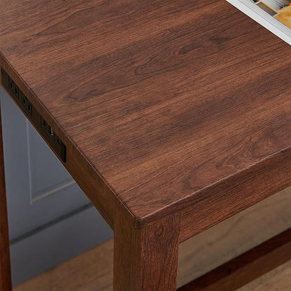 KEIKI 4-Piece Bar Table Set with Charging Station, 59" Industrial Kitchen Table with 3 Upholstered Stools, USB/Type-C/AC Outlets, Solid Wood Frame for Dining Room, Apartment, or Living Room, Cherry
