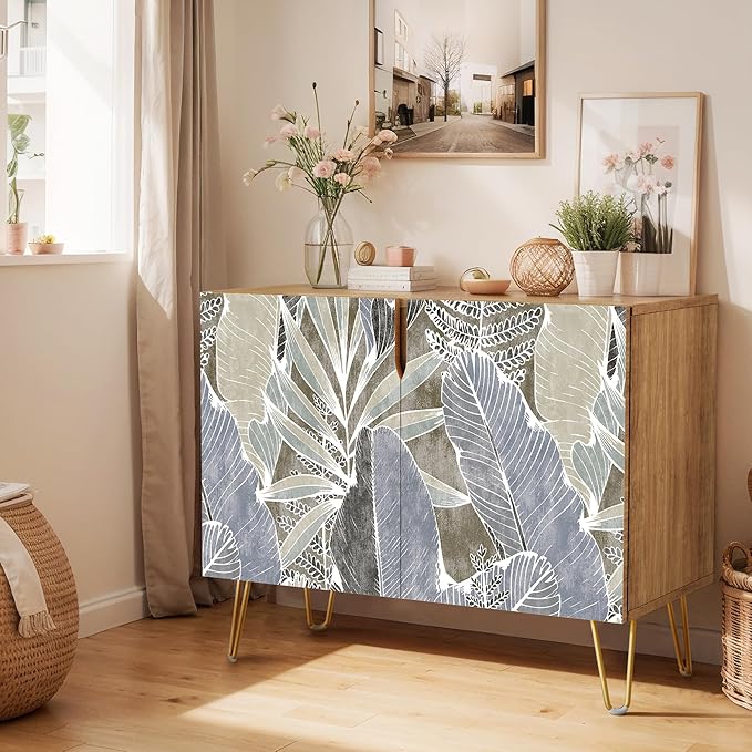 SIGNWIN Sideboard Buffet Cabinet, Kitchen Storage Cabinet with 2 Doors, Tropical Jungle Island Plant Patterns, Cupboard Console Table for Dining Room - 35" L x 18" W x 29" H
