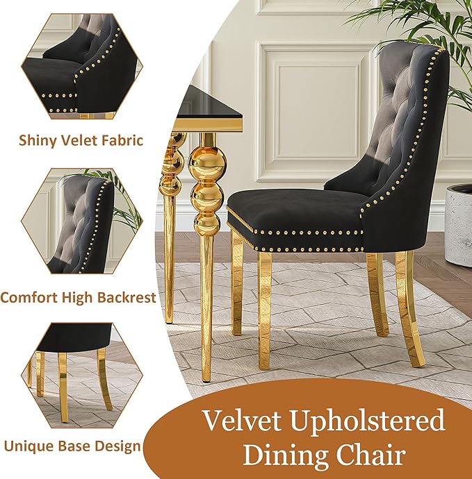 7 Piece Glass Dining Table Set, Modern 70 Inch Gold Rectangular Glass Kitchen Table, 6 Beige Exquisite Velvet Cushion Chairs for Living Room, Restaurant (Black-Top)