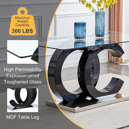 Ebullient 63" Glass Dining Table, Black OC Design Base Rectangular Glass Kitchen Table, Glass Top Dining Table for 4-6 Persons Table Furniture for Dining Room/Kitchen