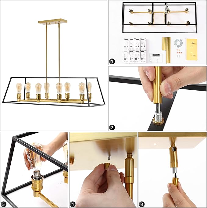 JONATHAN Y 35" Black/Brass Gold Farmhouse Industrial 8-Light Iron LED Pendant Light for Kitchen Island Dining Room, Modern Cage Lantern, Adjustable Height, 4 Bulbs Included (JYL6511A)