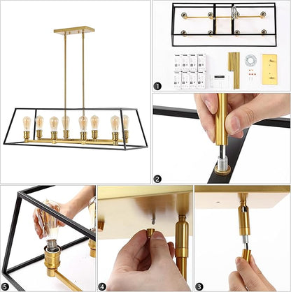 JONATHAN Y 35" Black/Brass Gold Farmhouse Industrial 8-Light Iron LED Pendant Light for Kitchen Island Dining Room, Modern Cage Lantern, Adjustable Height, 4 Bulbs Included (JYL6511A)