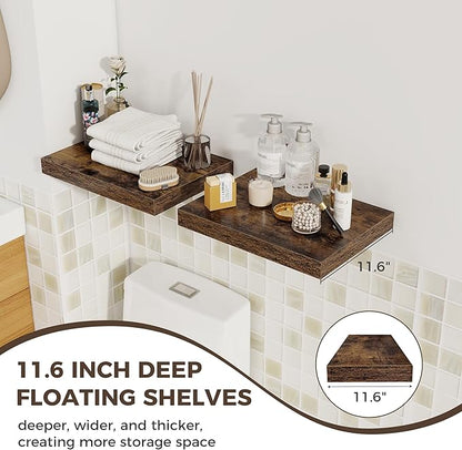 Fun Memories 12 Inch Deep Floating Shelves, 16 x 12 Wooden Wall Shelves, Extra Deeper & Thicker Rustic Wall Mounted Storage Shelf for Fireplace, Living Room, Kitchen, Farmhouse, Rustic Brown - 3Pack